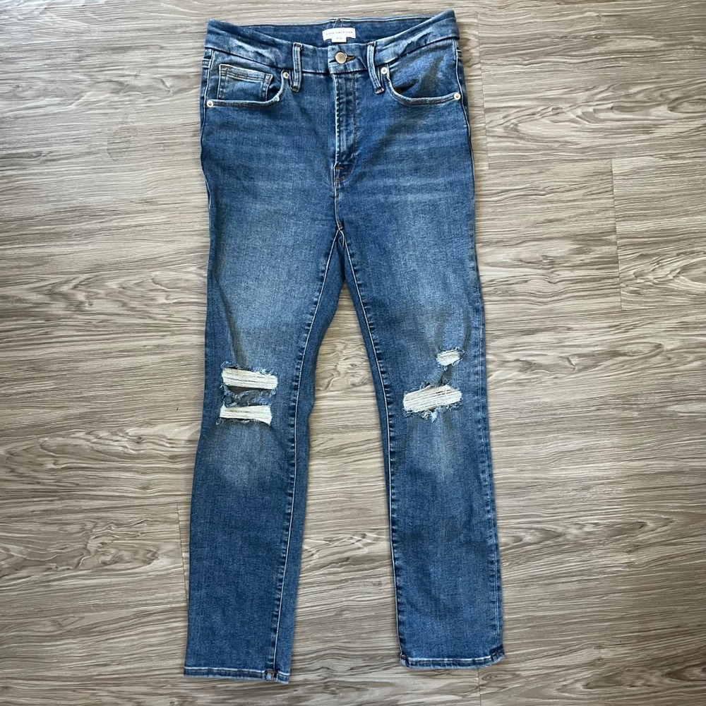 Good American Always Fits Good Straight Jeans Distressed Indigo146 Size 6-12